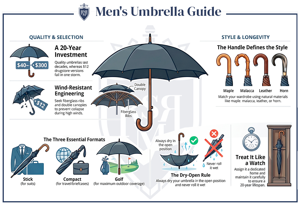 Illustrated men’s umbrella guide explaining quality, formats, handles, care, and wind resistance.