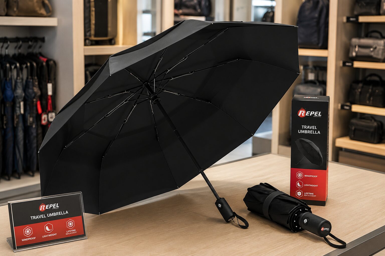 Repel travel umbrella store display with open black canopy, folded umbrella, and branded packaging.