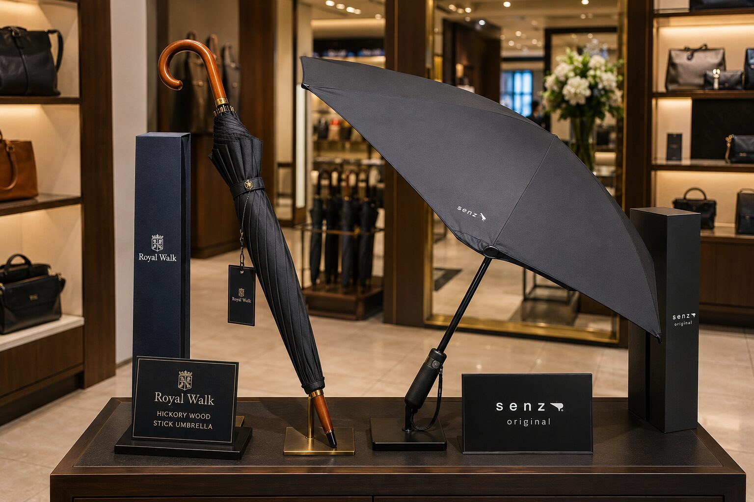 Luxury retail display featuring Royal Walk stick umbrella and Senz Original storm umbrella.