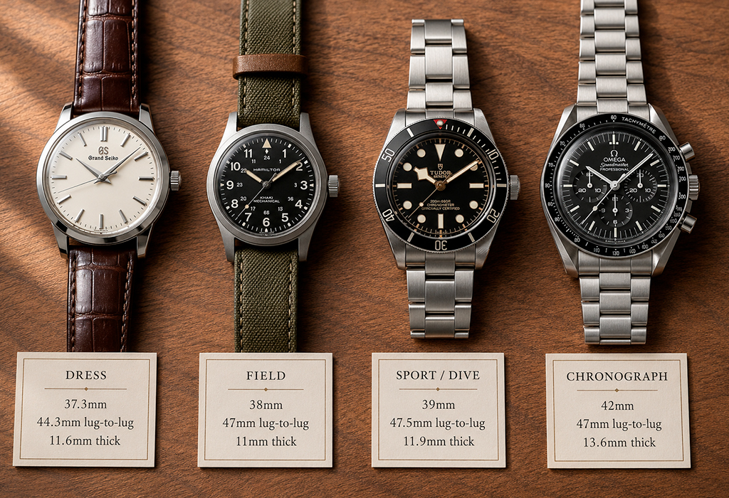 A watch sizing guide for different categories: Dress, Field, Sport/Dive, and Chronograph watches, with detailed specifications for each.