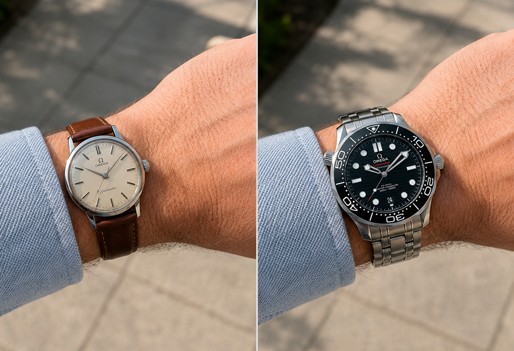 A comparison of two Omega watches: a classic Omega on a brown leather strap and an Omega dive watch on a metal bracelet.