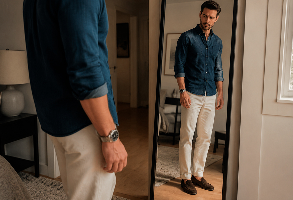 A man dressed in a denim shirt and white pants, looking at his reflection while wearing a watch.