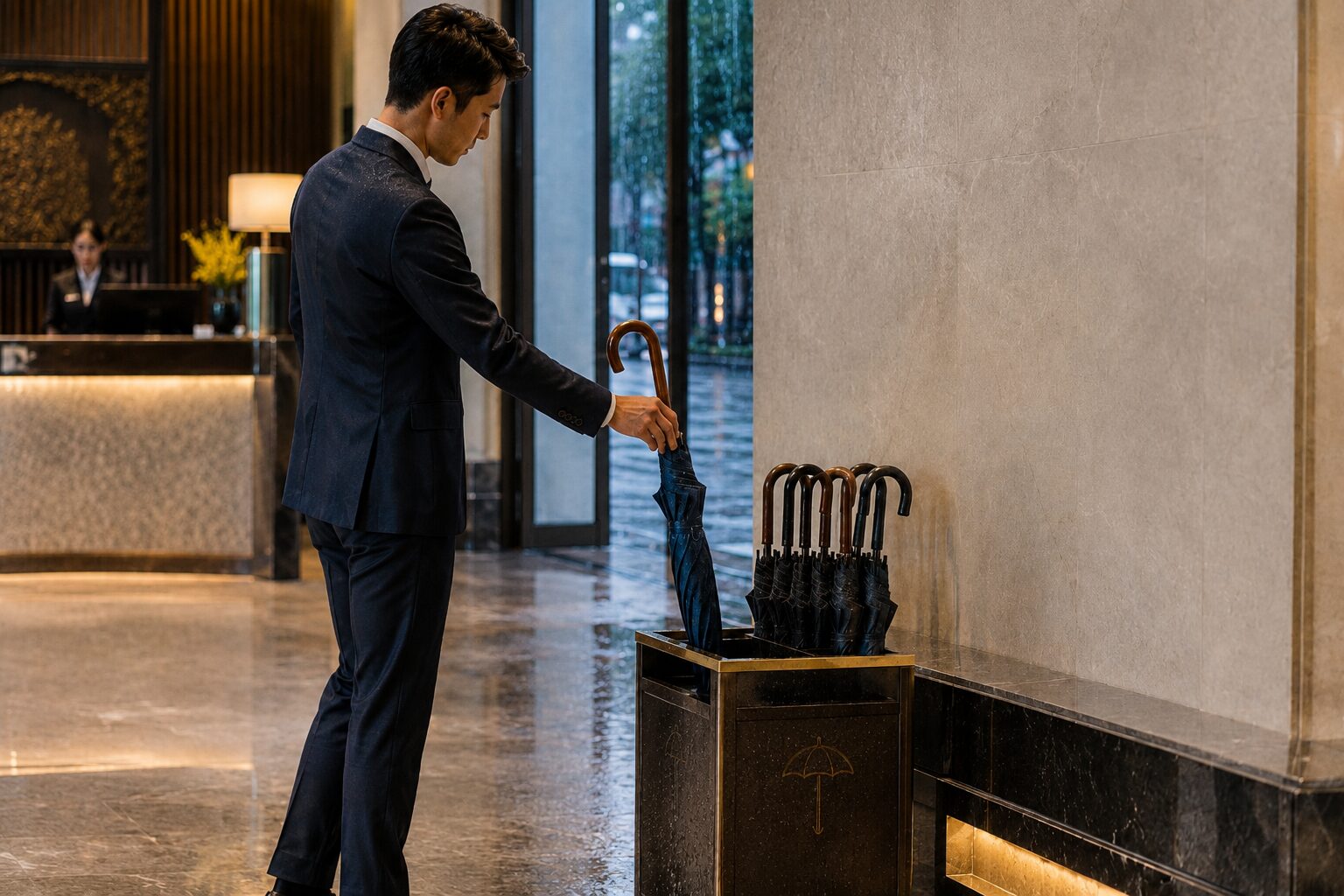 Man places a wet umbrella into a hotel lobby umbrella stand after entering.