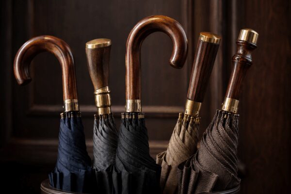 Close-up of elegant wooden and brass umbrella handles in classic men’s accessory style.