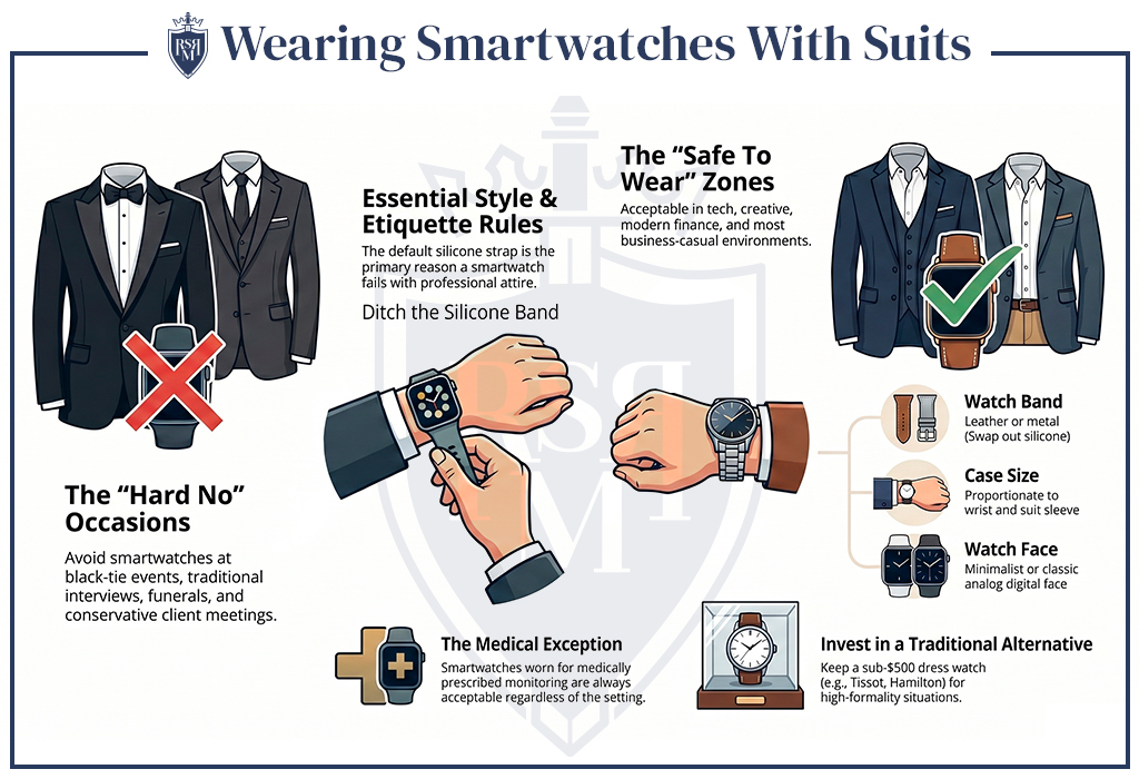 Infographic explaining when smartwatches belong with suits and which formal occasions require traditional watches.