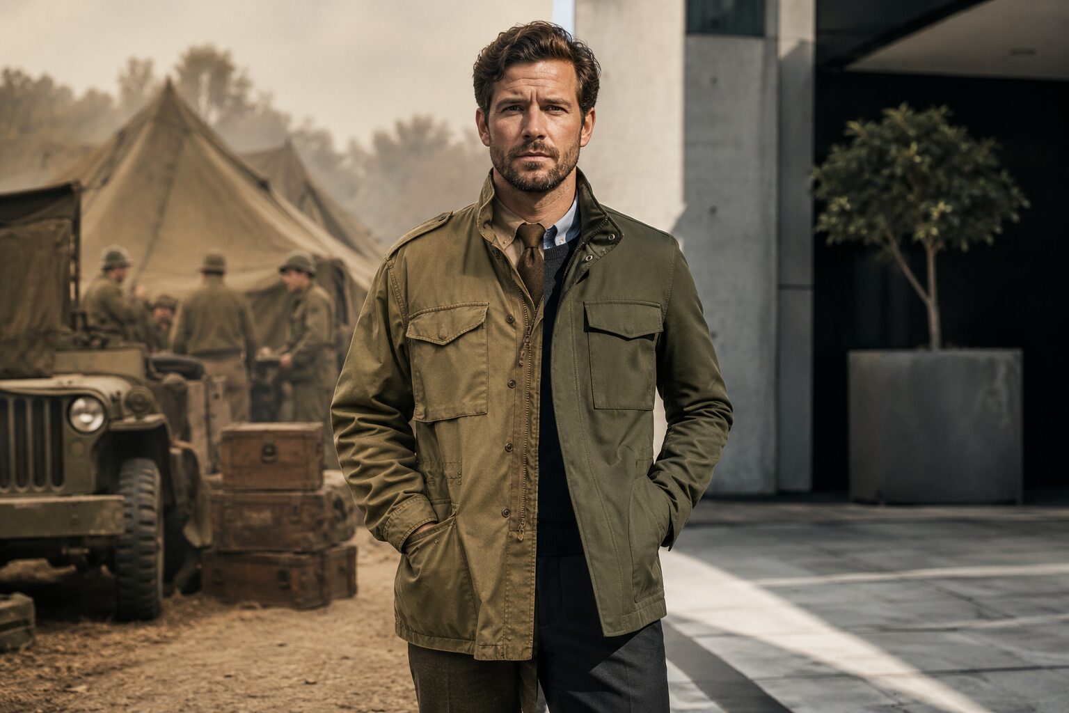 Man wearing an olive field jacket split between military history and modern civilian style.