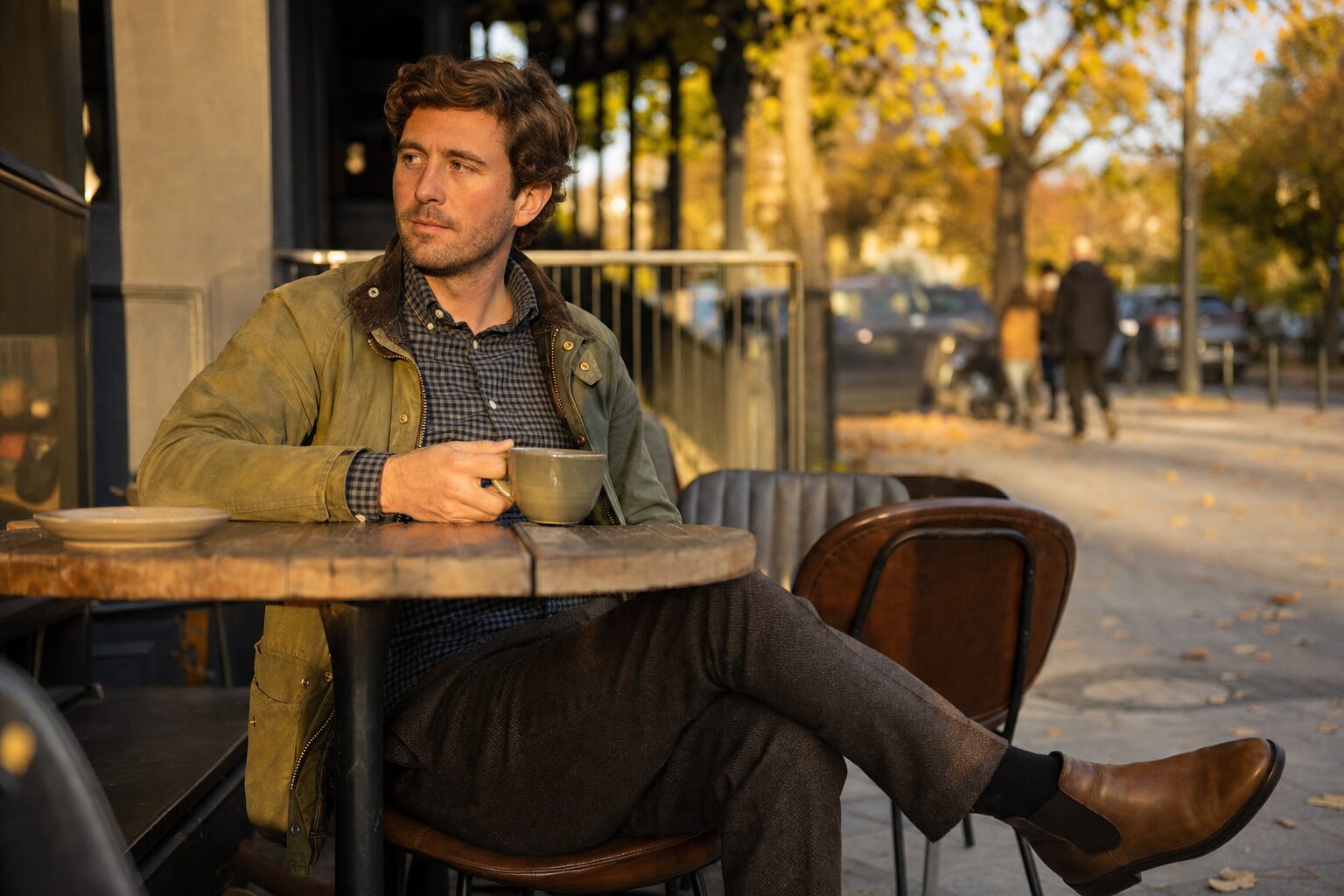 man sitting in cafe in field jacket