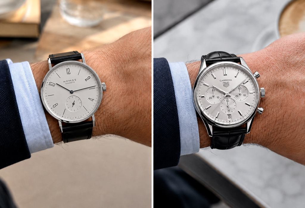A Nomos minimalist watch and a TAG Heuer Carrera chronograph worn on separate wrists, featuring clean and refined designs