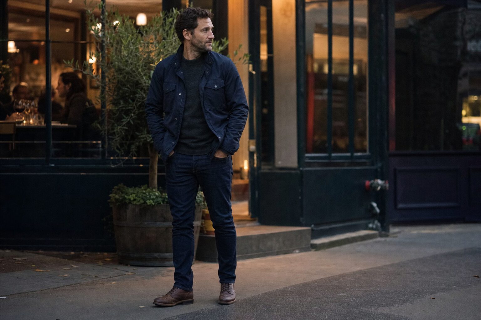 man on city street in field jacket