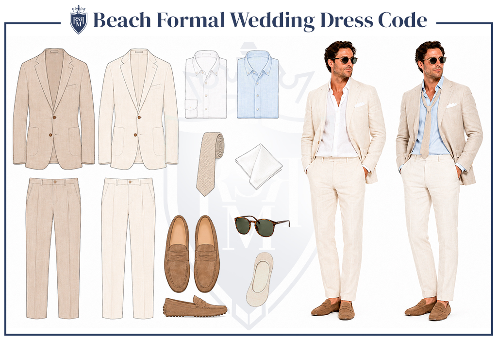 Beach formal wedding outfit guide with cream linen suit, loafers, and summer accessories.