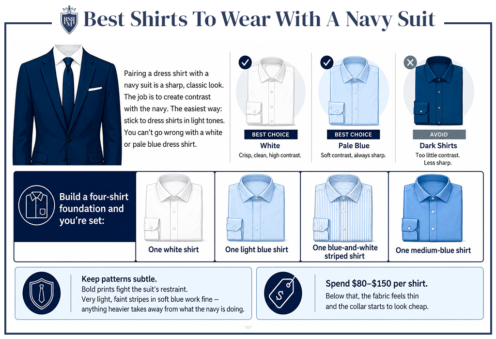 Best shirt colors to wear with a navy suit for sharp contrast.