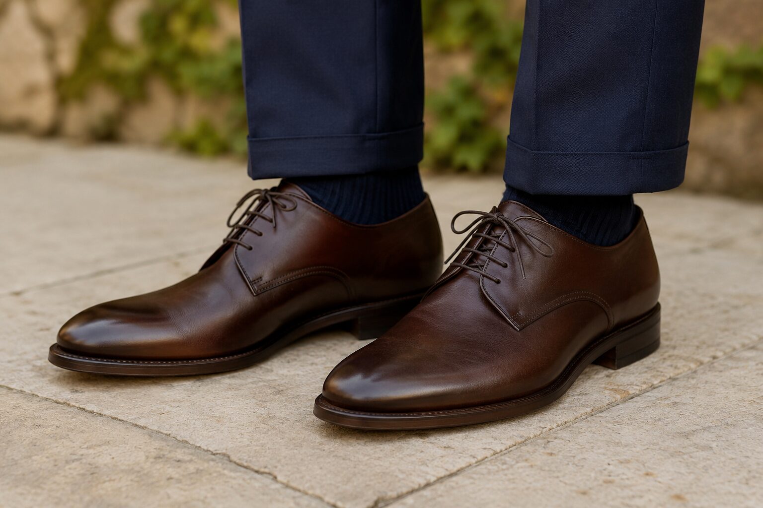 Dark brown Oxford dress shoes paired with navy trousers for a wedding.