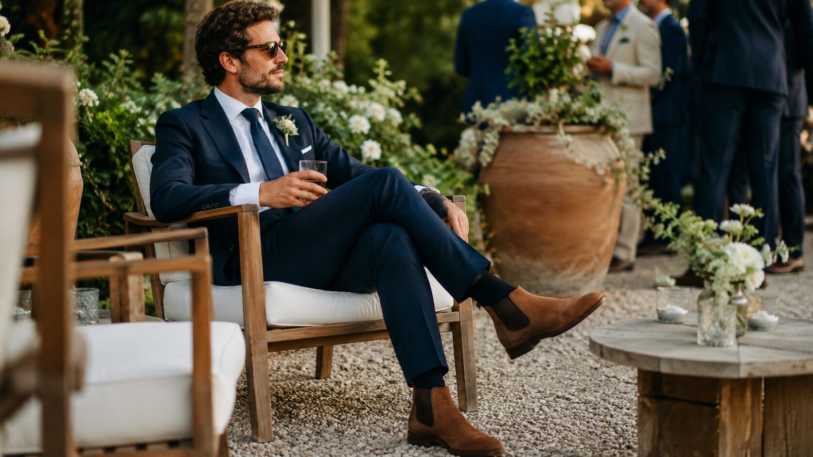 Brown suede Chelseas with a navy suit at a relaxed wedding