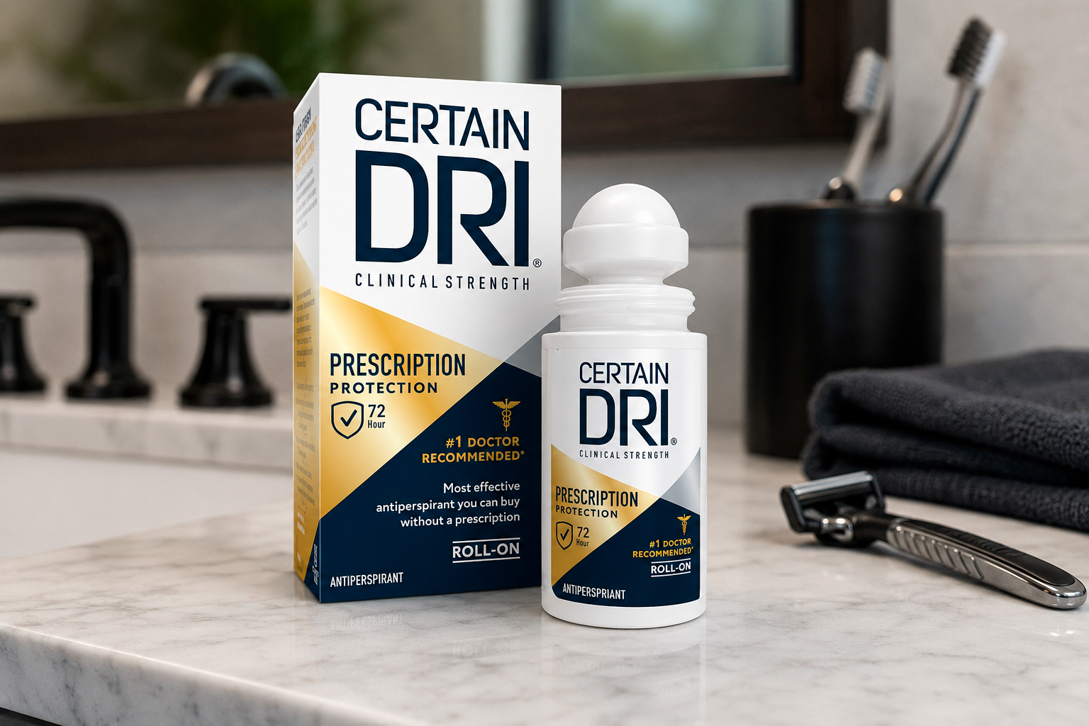 Certain Dri Prescription Strength: Certain Dri clinical strength roll-on displayed on bathroom counter with grooming tools.