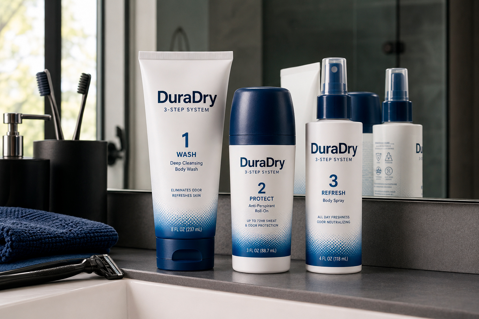 DuraDry 3-Step System: DuraDry three-step sweat control system displayed on modern bathroom counter beside razor.