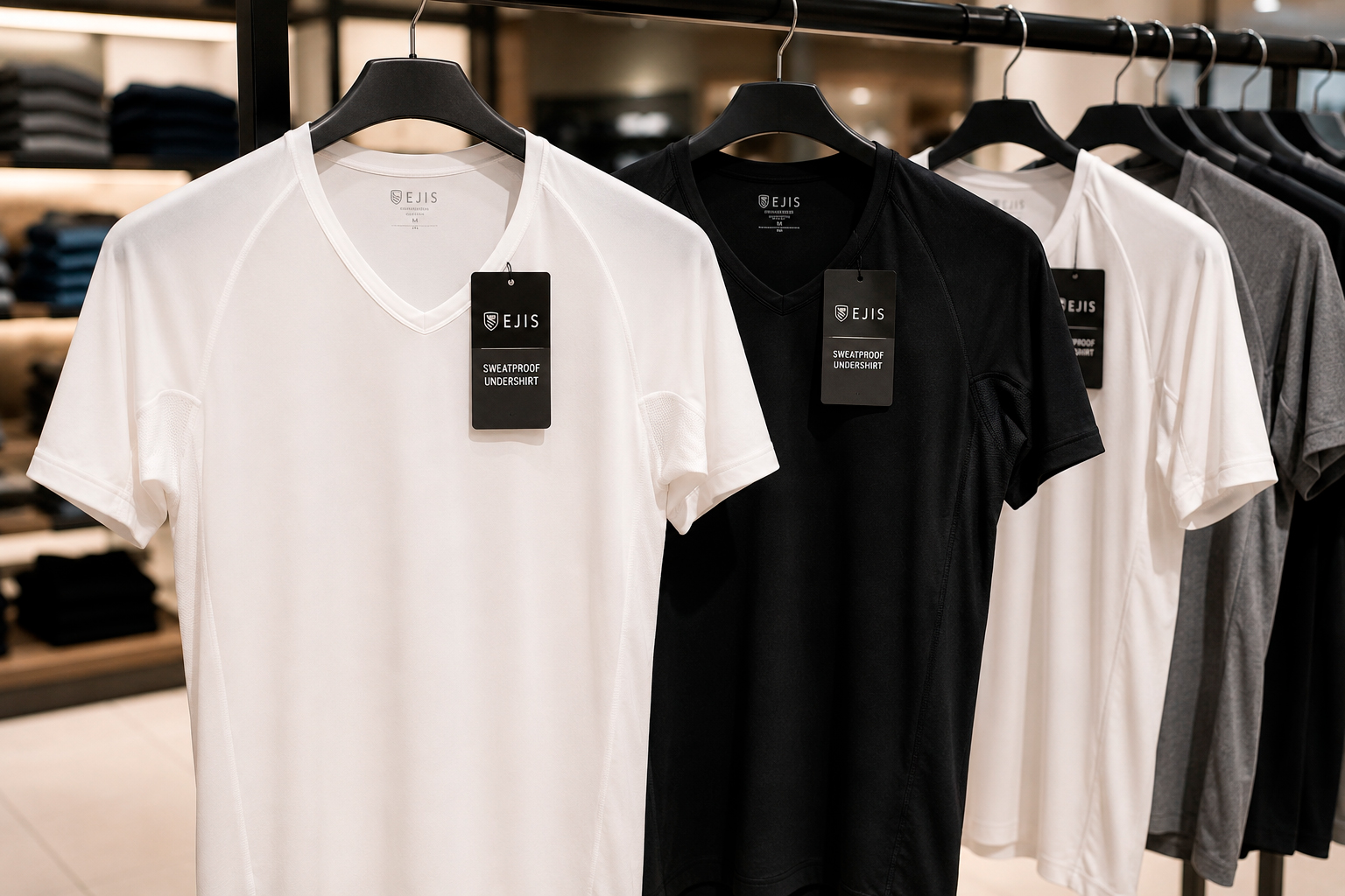 Ejis Sweatproof Undershirt: Ejis sweatproof undershirts hang on a retail rack in white, black, and gray.