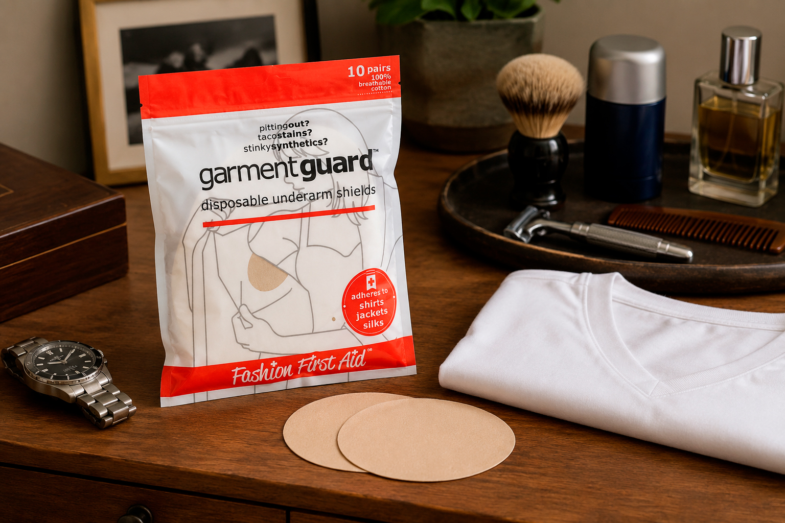 Garment Guard Disposable Underarm Shields: Garment Guard disposable underarm shields displayed beside undershirt, watch, and grooming essentials.