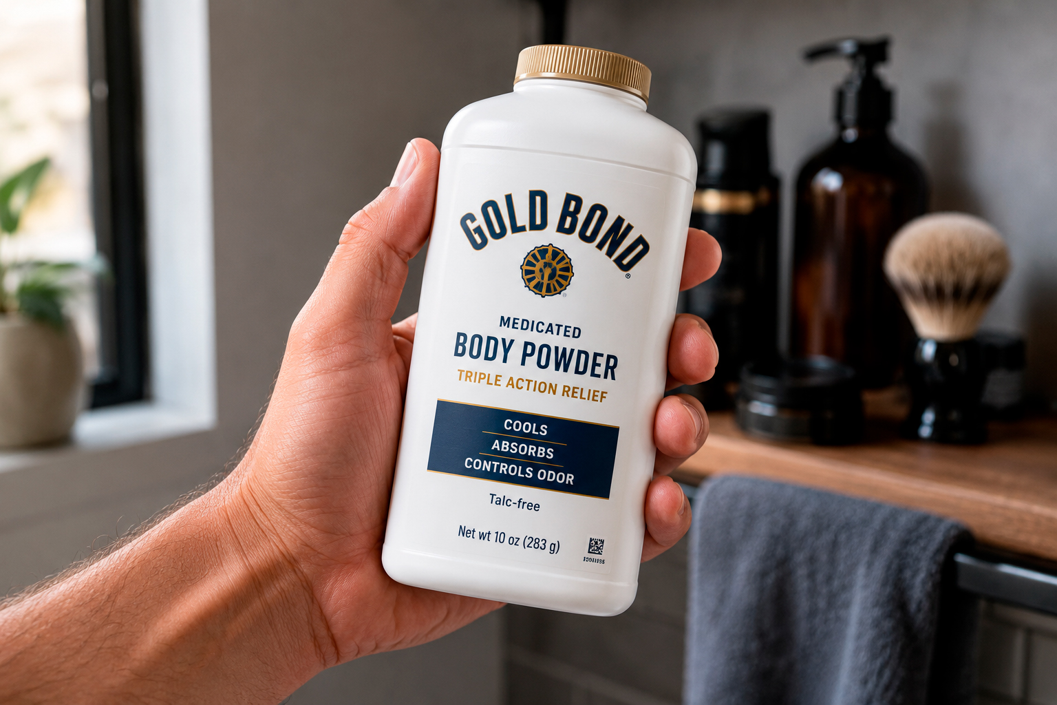 Gold Bond Body Powder: Hand holds Gold Bond body powder in a bathroom for summer sweat control.