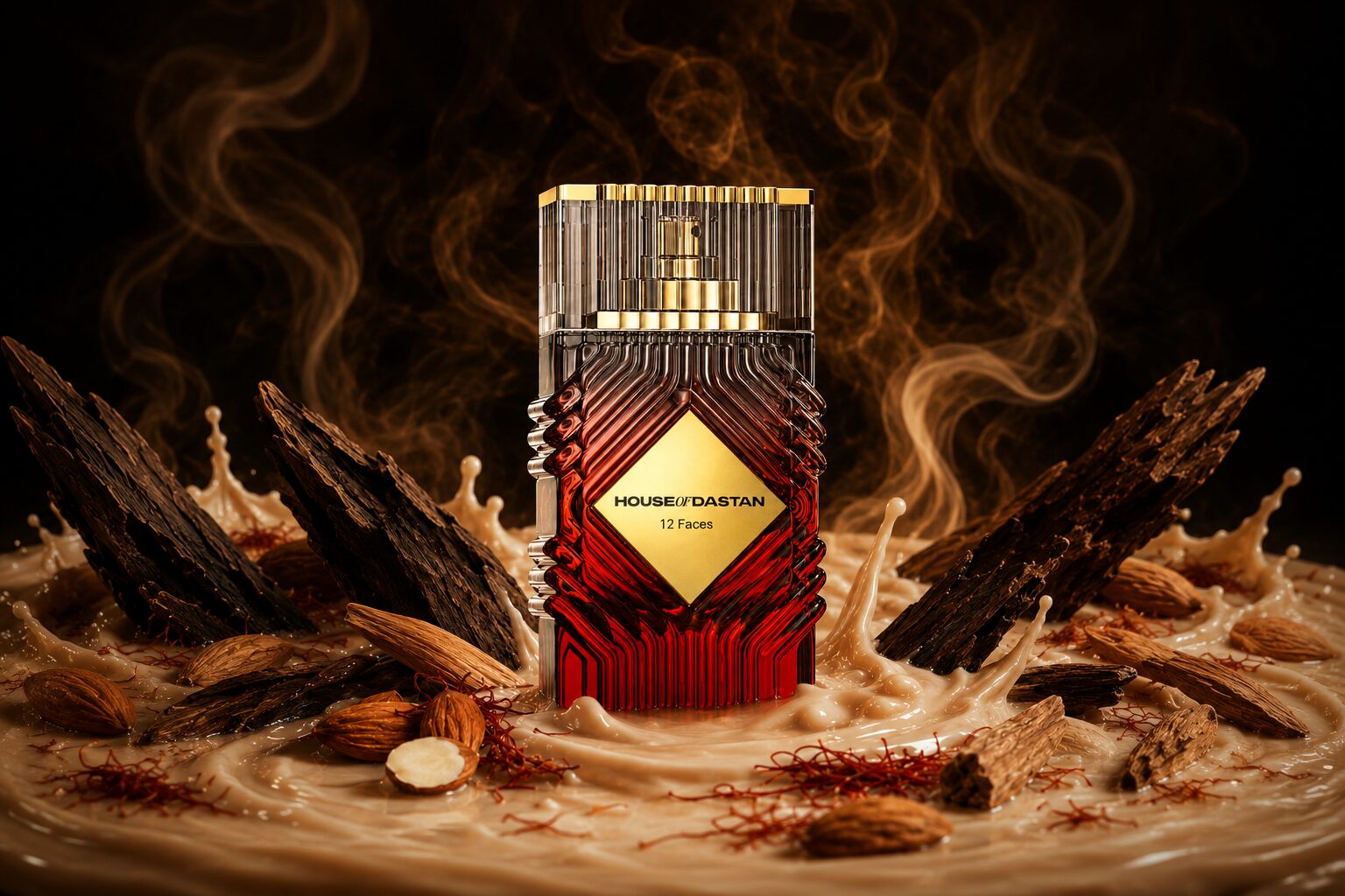House of Dastan 12 Faces bottle amid almond cream, oud wood, saffron, and smoky warmth.