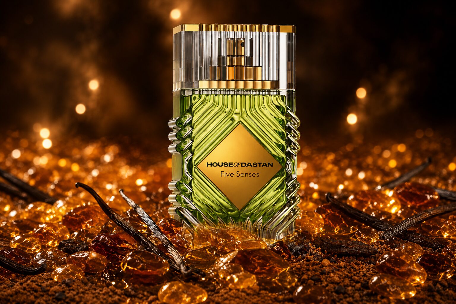 House of Dastan Five Senses bottle surrounded by amber resin, vanilla pods, and glowing golden bokeh.
