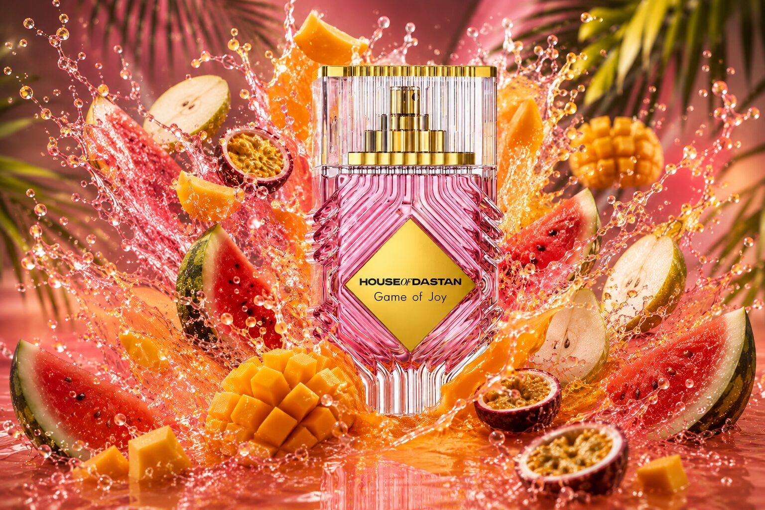 House of Dastan Game of Joy bottle bursting with watermelon, mango, pear, and passionfruit splashes.