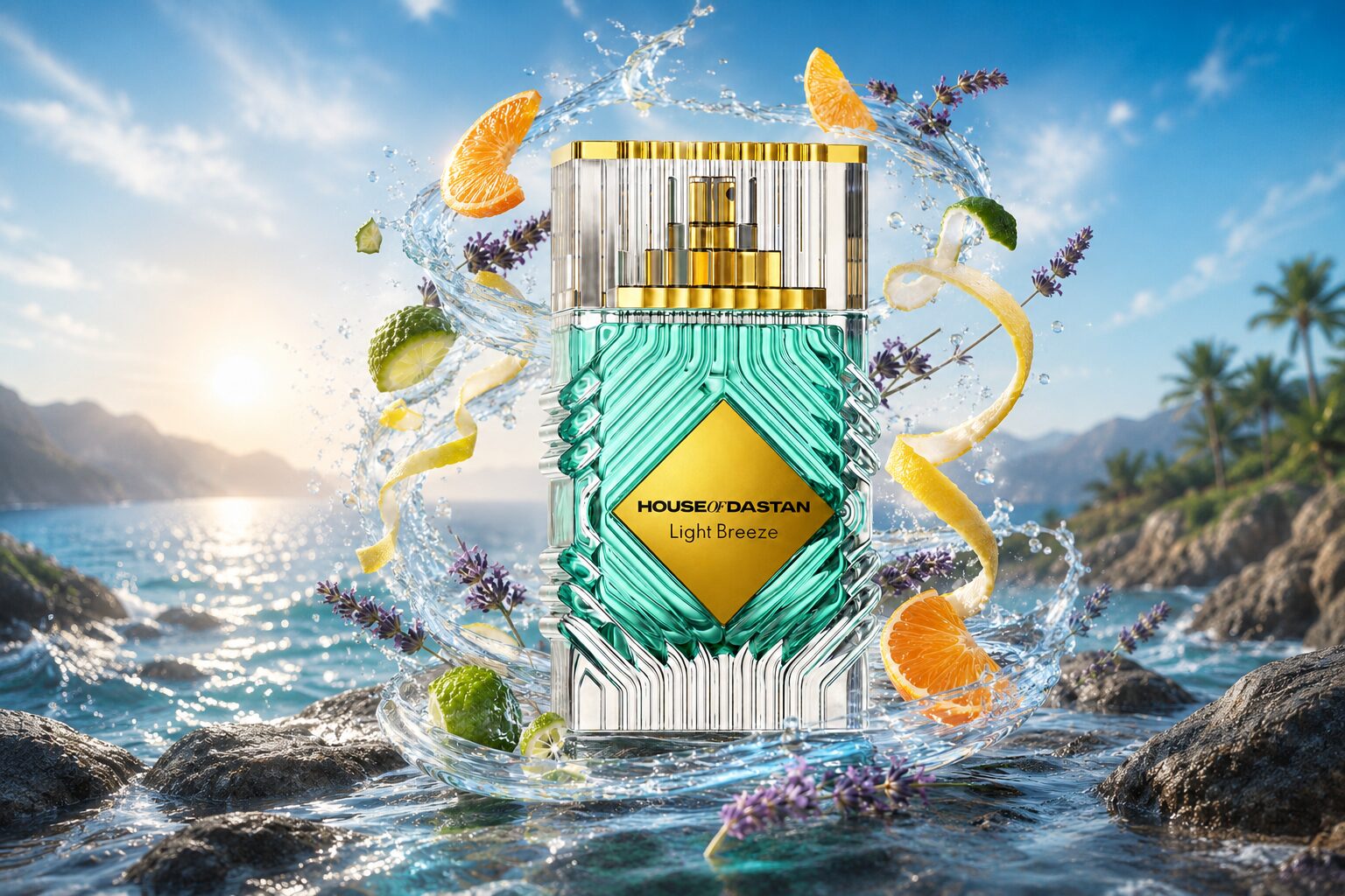 House of Dastan Light Breeze bottle framed by ocean water, citrus peels, lavender, and coastal sunlight.
