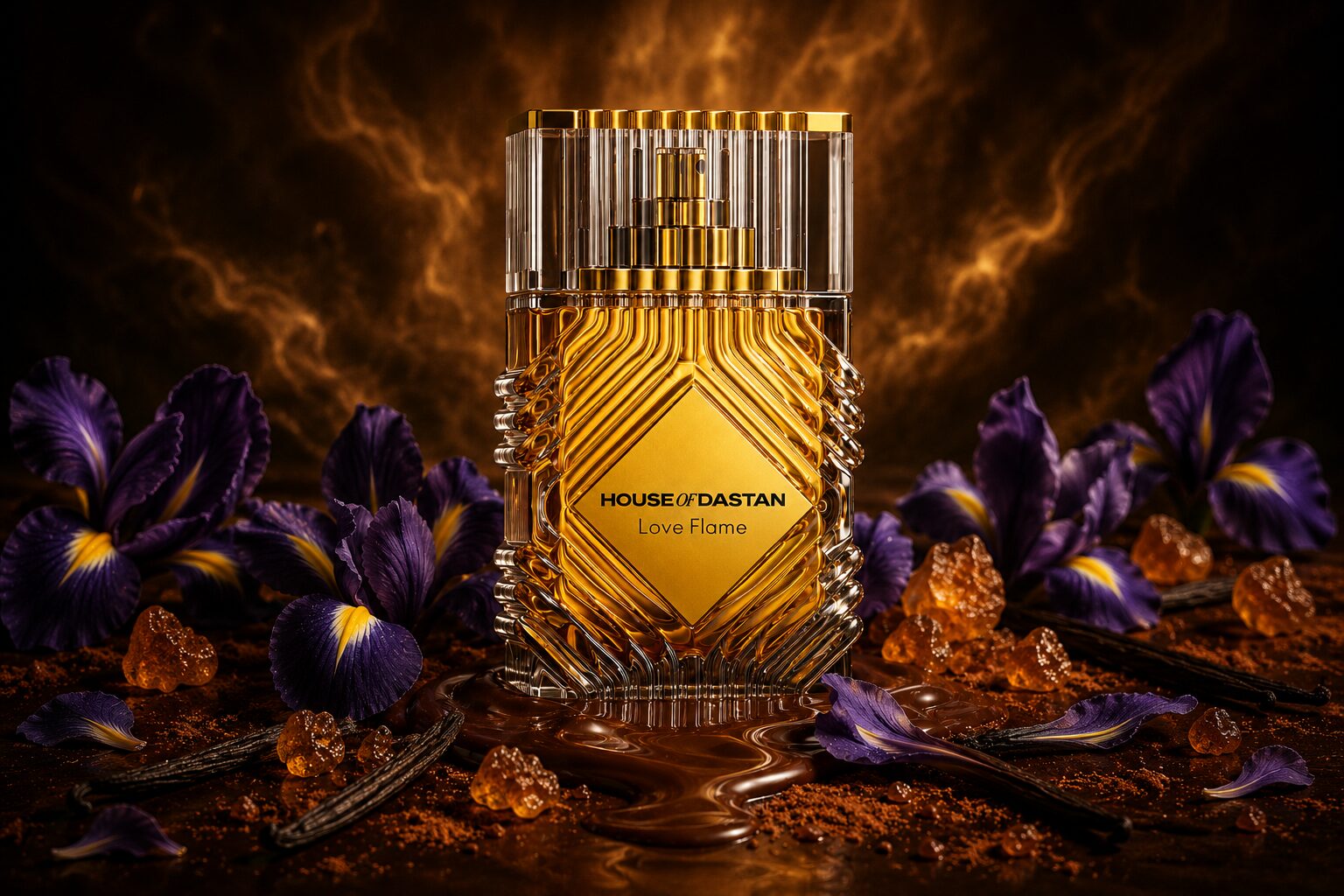 House of Dastan Love Flame bottle with iris petals, vanilla pods, amber crystals, and smoky backdrop.