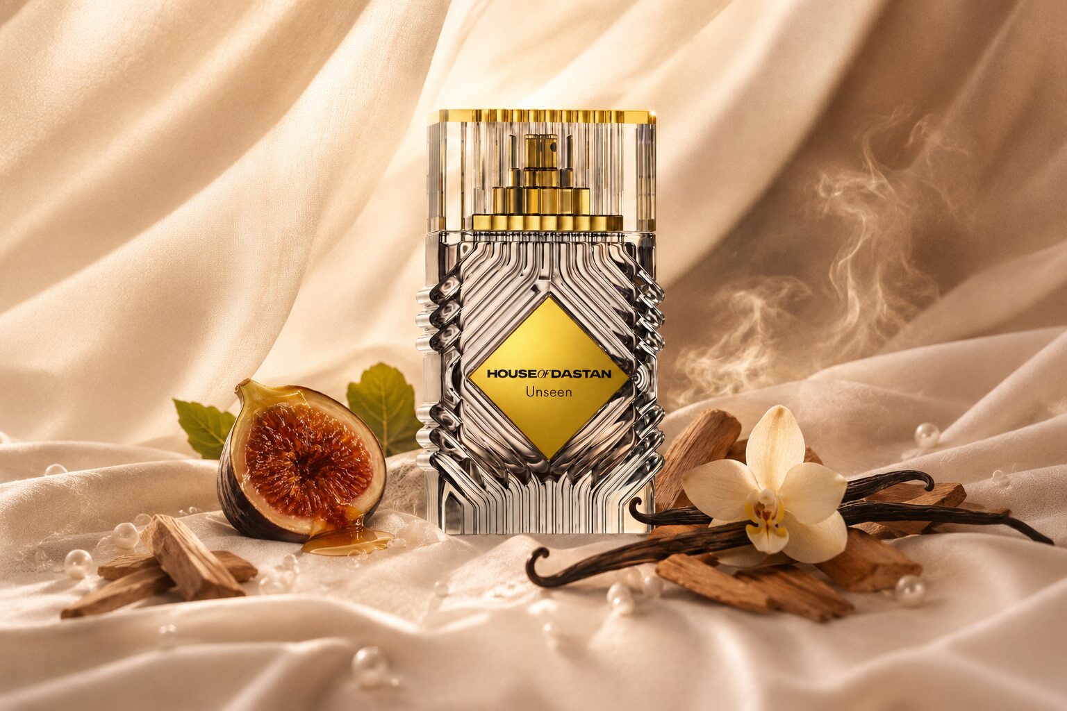 House of Dastan Unseen bottle on ivory silk with fig, vanilla orchid, woods, pearls, and mist.