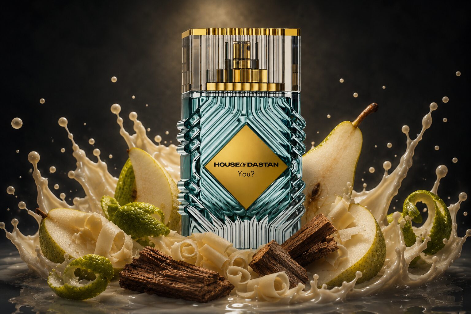 House of Dastan You? bottle surrounded by pear slices, creamy splashes, lime peel, and wood.
