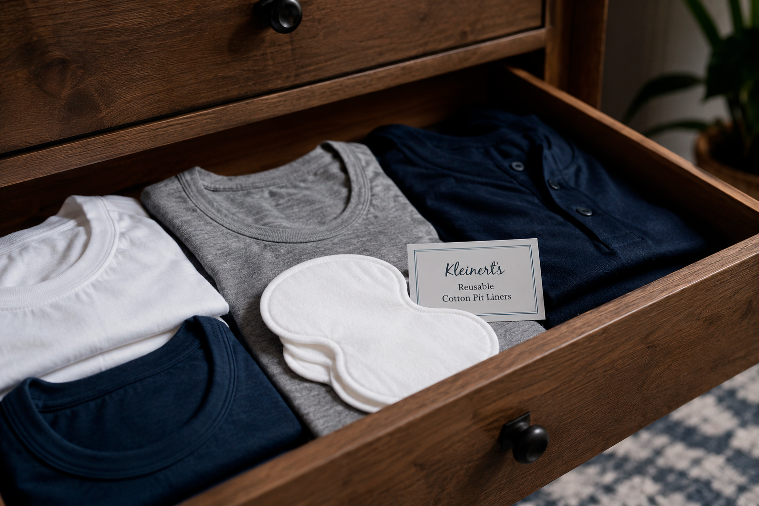 Kleinert’s Reusable Cotton Pit Liners: Reusable cotton pit liners placed in a drawer beside folded men’s undershirts.