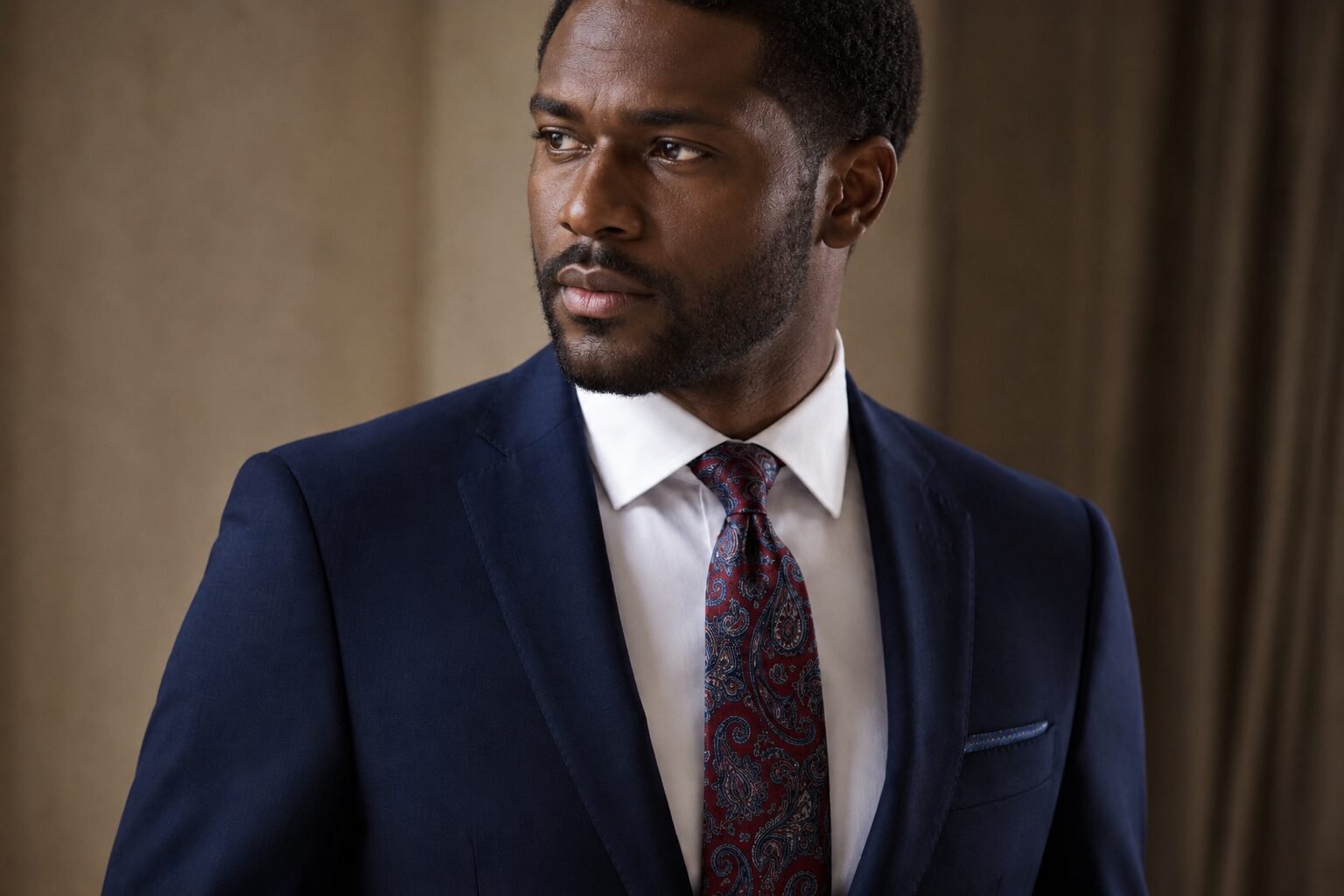 Navy suit styled with a burgundy paisley tie and white dress shirt.