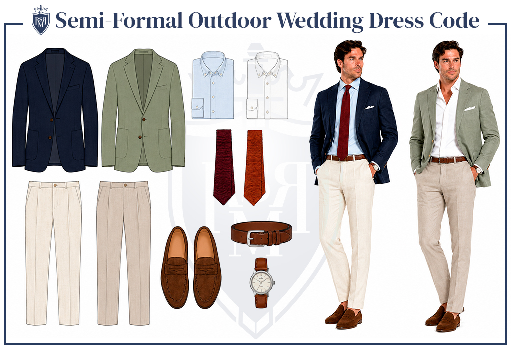 Semi-formal outdoor wedding outfit guide with sport coats, linen trousers, and loafers.