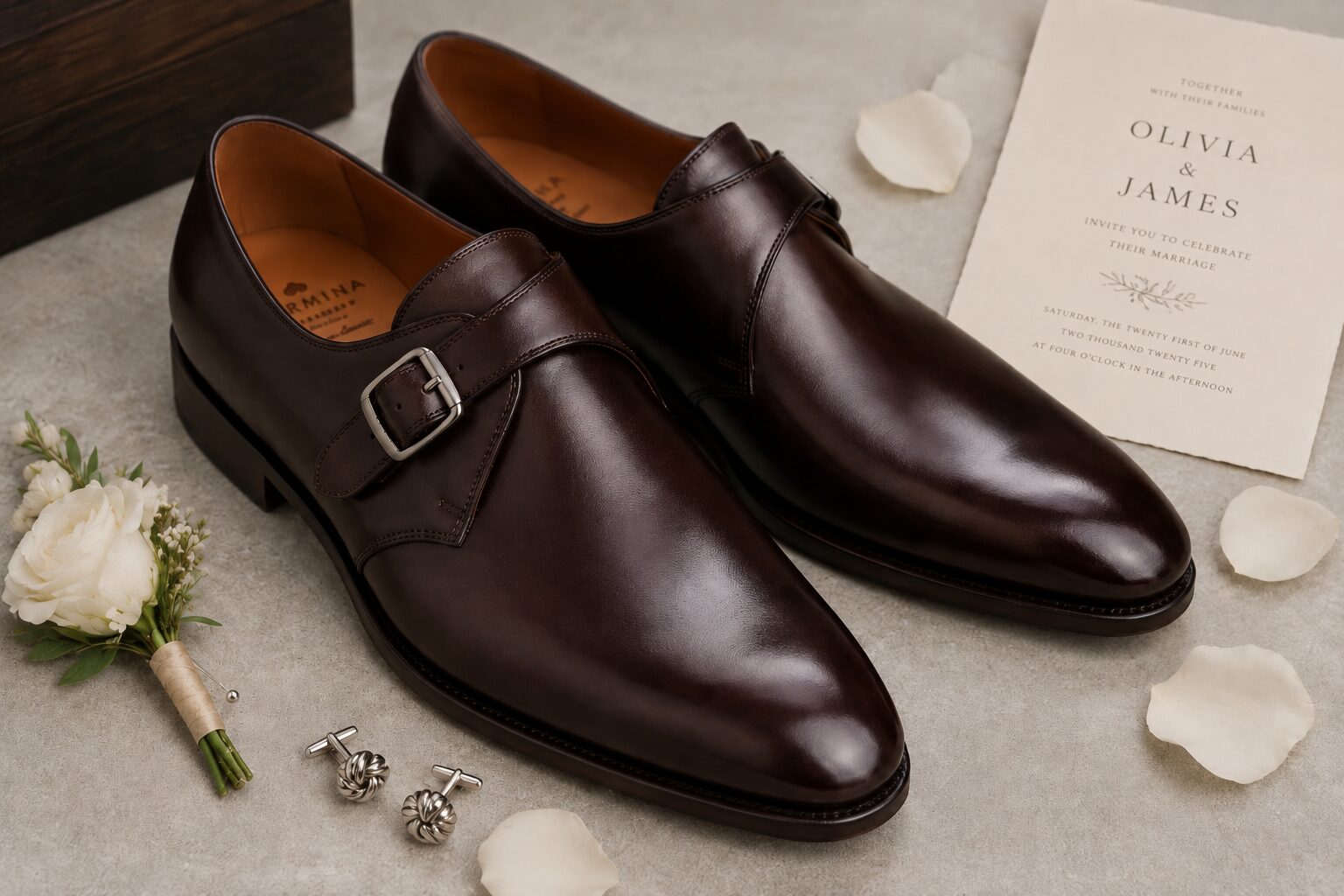 Dark brown single monk strap shoes styled with wedding invitation and boutonniere