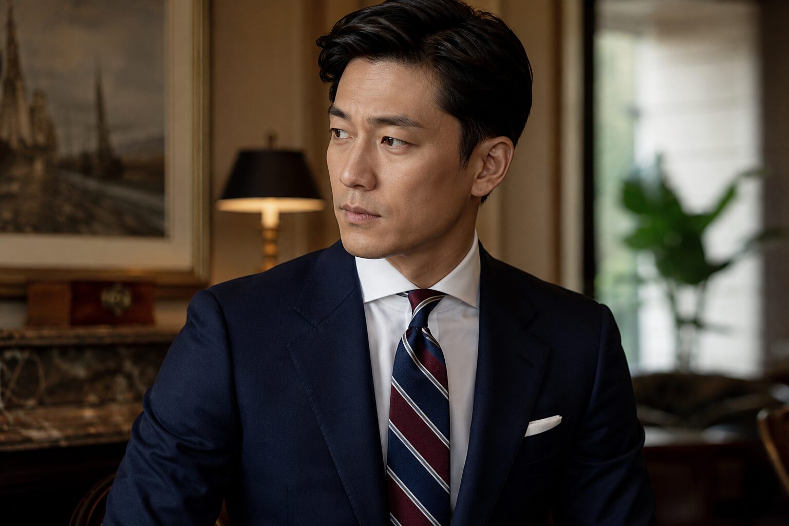 Asian man wearing a navy suit with a striped tie and white shirt.