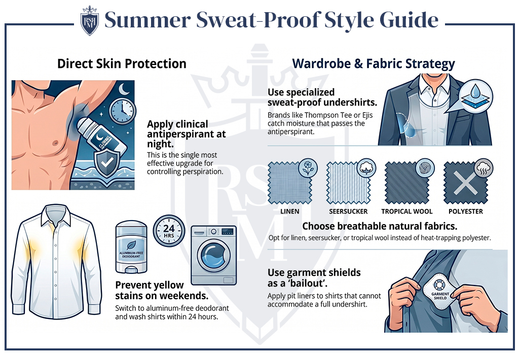 Summer Sweat-Proof Style Guide: Infographic explains summer sweat protection through antiperspirant, breathable fabrics, and garment shields.