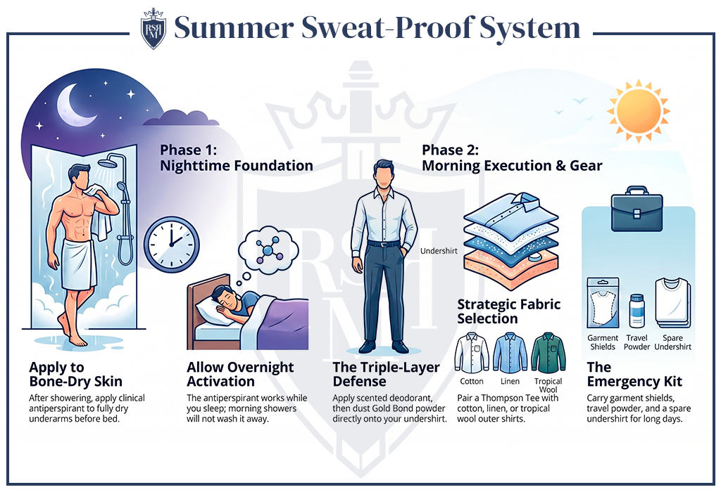 Summer Sweat-Proof System: Infographic shows nighttime antiperspirant, morning dressing, fabric choices, and emergency sweat kit.
