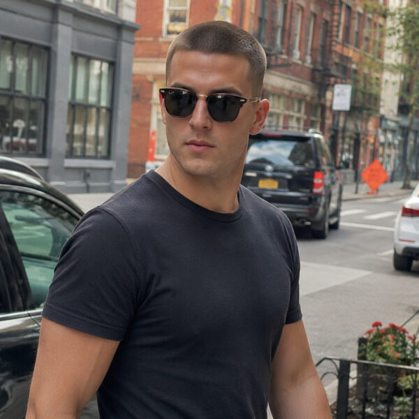 Man wearing sunglasses with modern buzz cut and black T-shirt on city street.