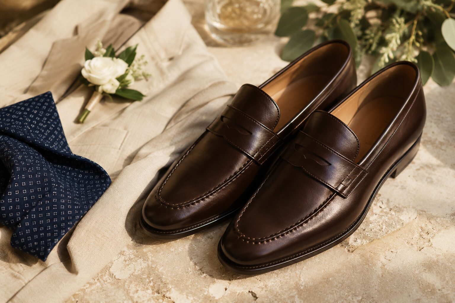 Dark brown penny loafers styled with summer wedding suit and tie