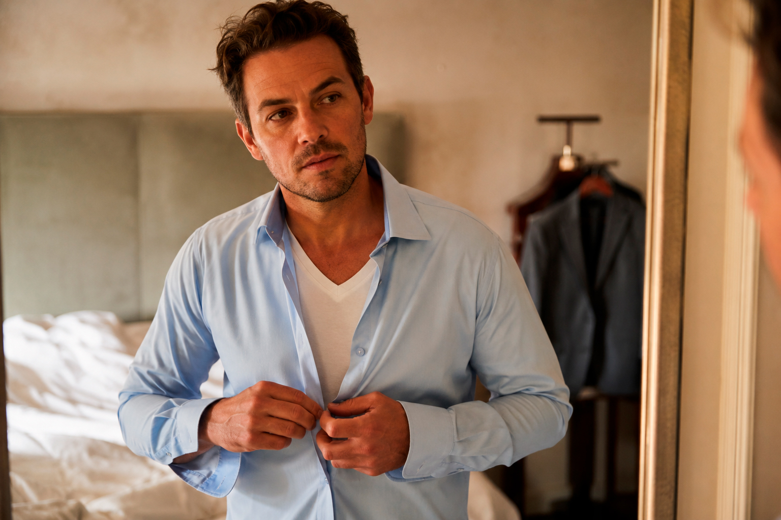 The Thompson Tee: Man buttons light blue dress shirt over white V-neck sweat-proof undershirt before mirror.