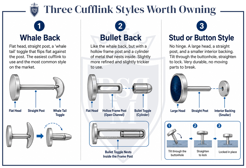 Three cufflink styles explained: whale back, bullet back, and stud button.