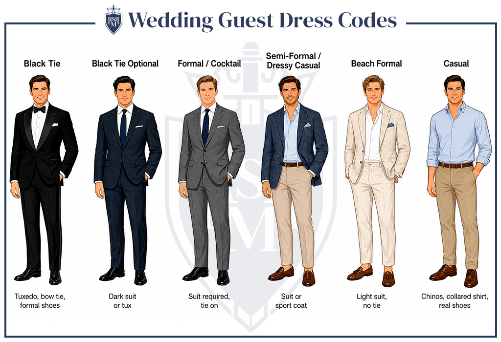 Men’s wedding guest dress code guide showing black tie through casual outfits.