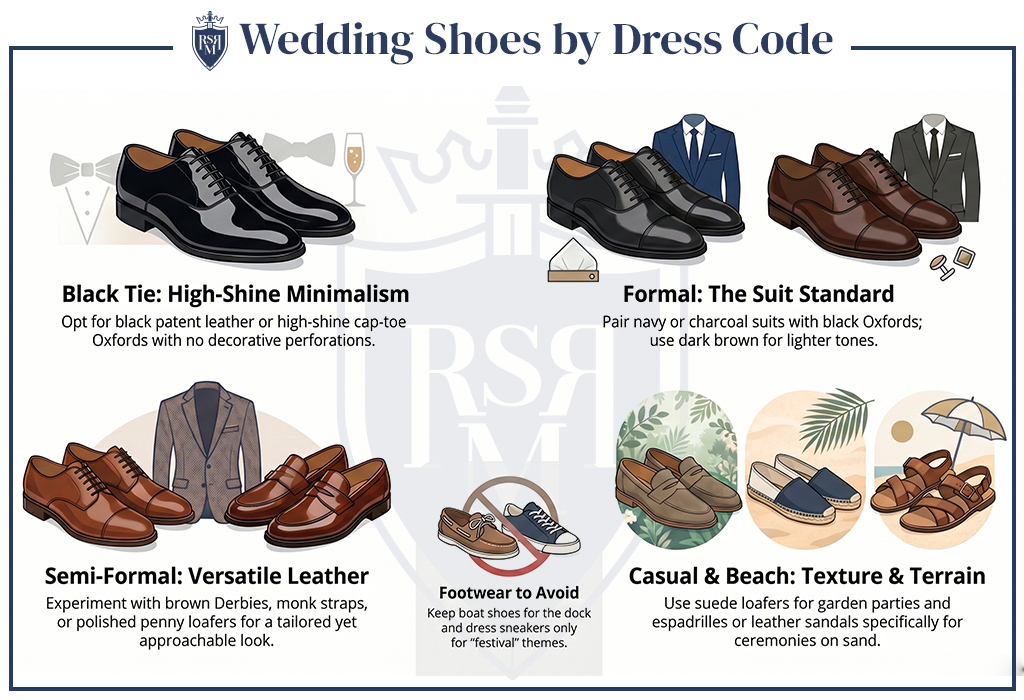Wedding shoe guide showing appropriate footwear choices for every wedding dress code.