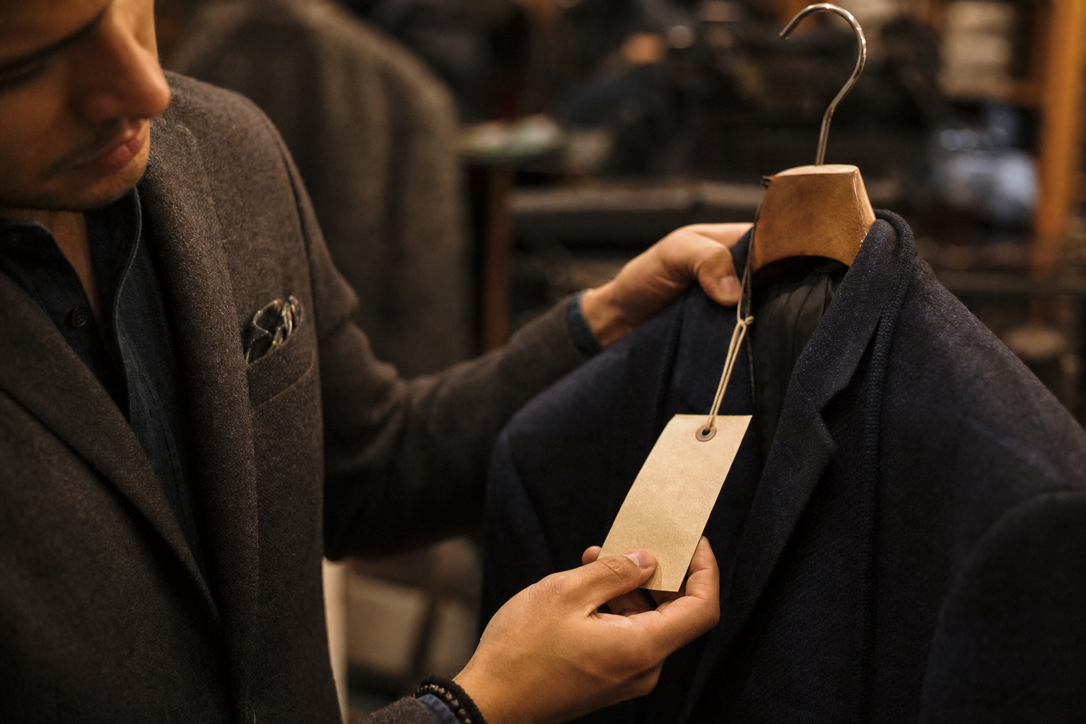 man checking clothes price tag