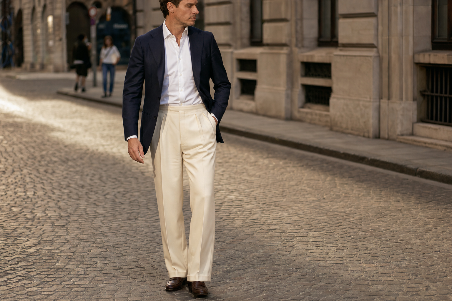 man in middle of street wearing wide leg trousers