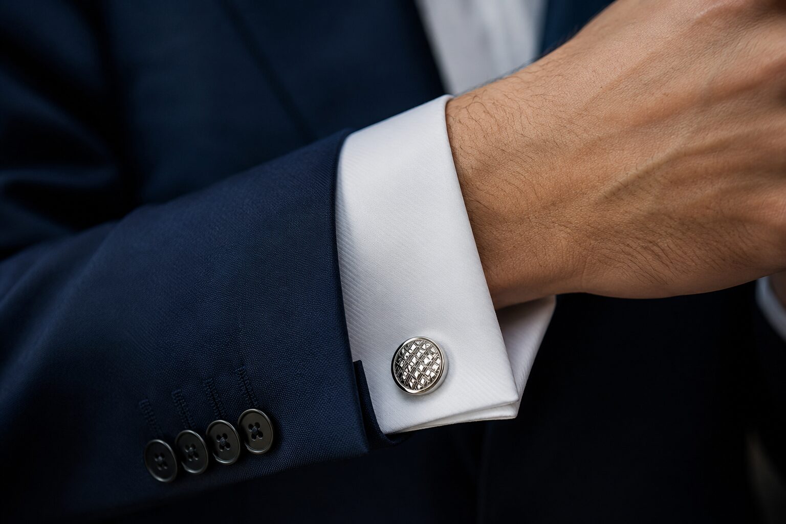 Close-up of navy suit sleeve with white cuff and silver cufflink.