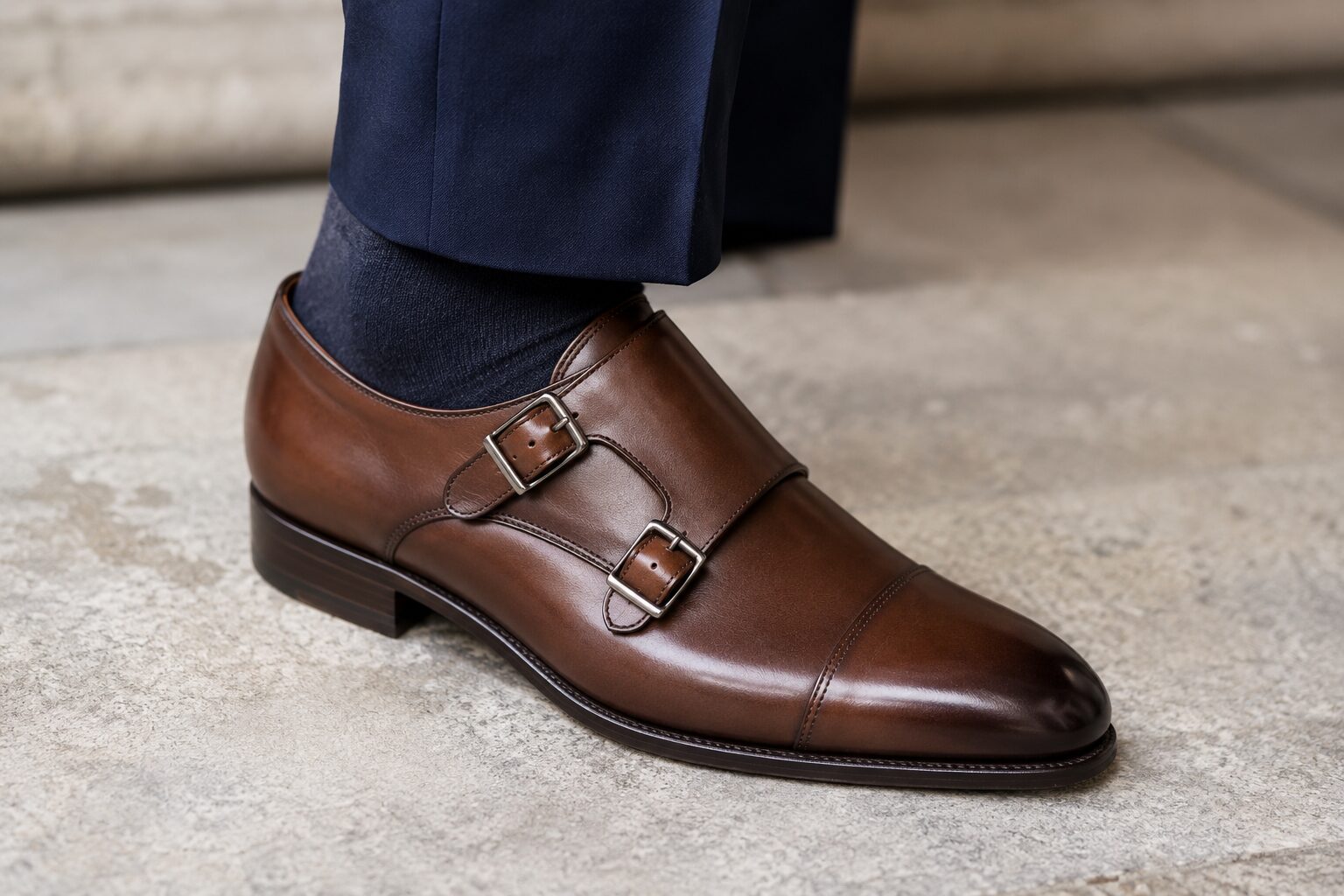 brown double monk straps with navy blue suit