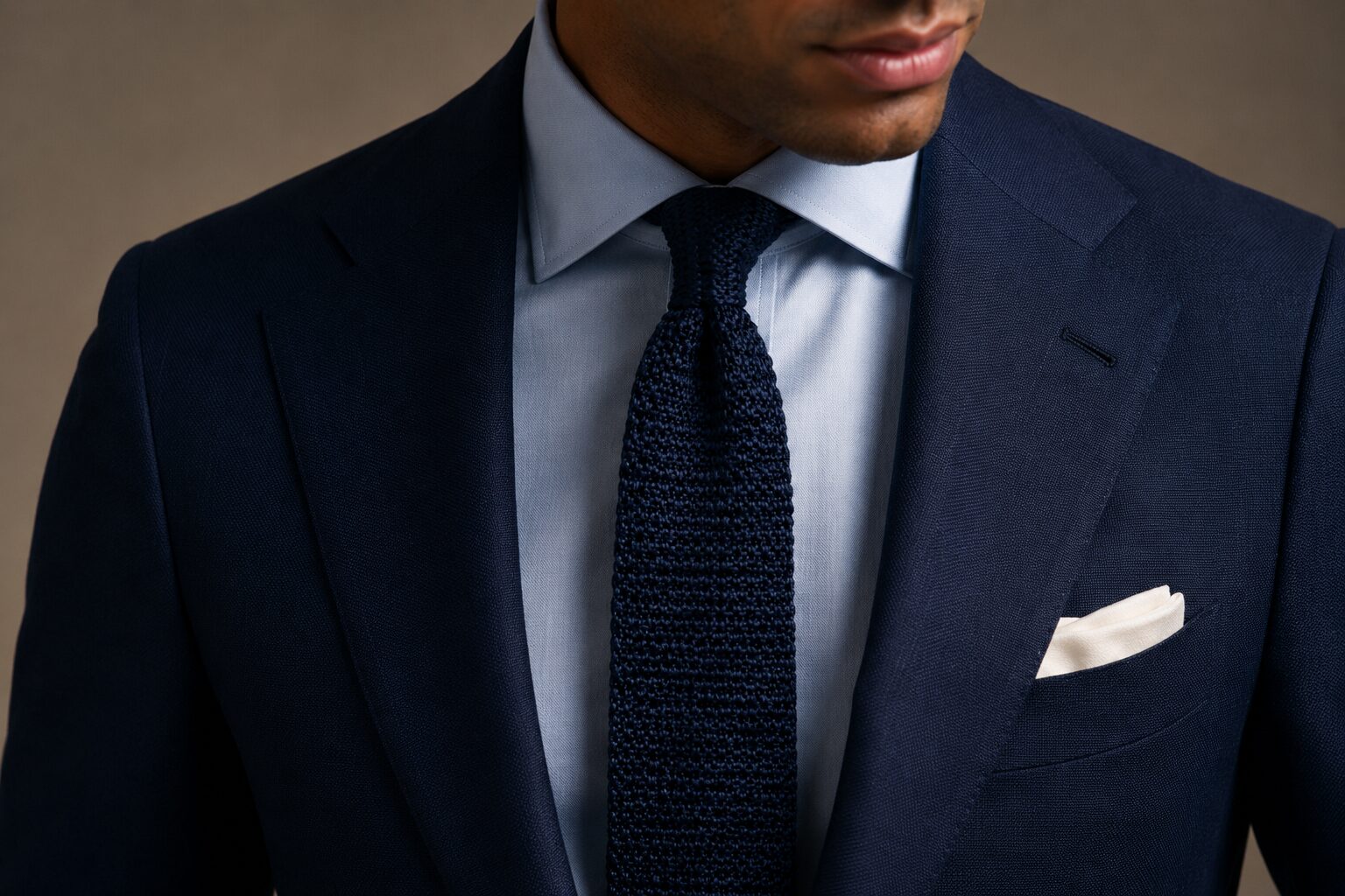 Close-up of navy suit with textured knit tie and white pocket square.