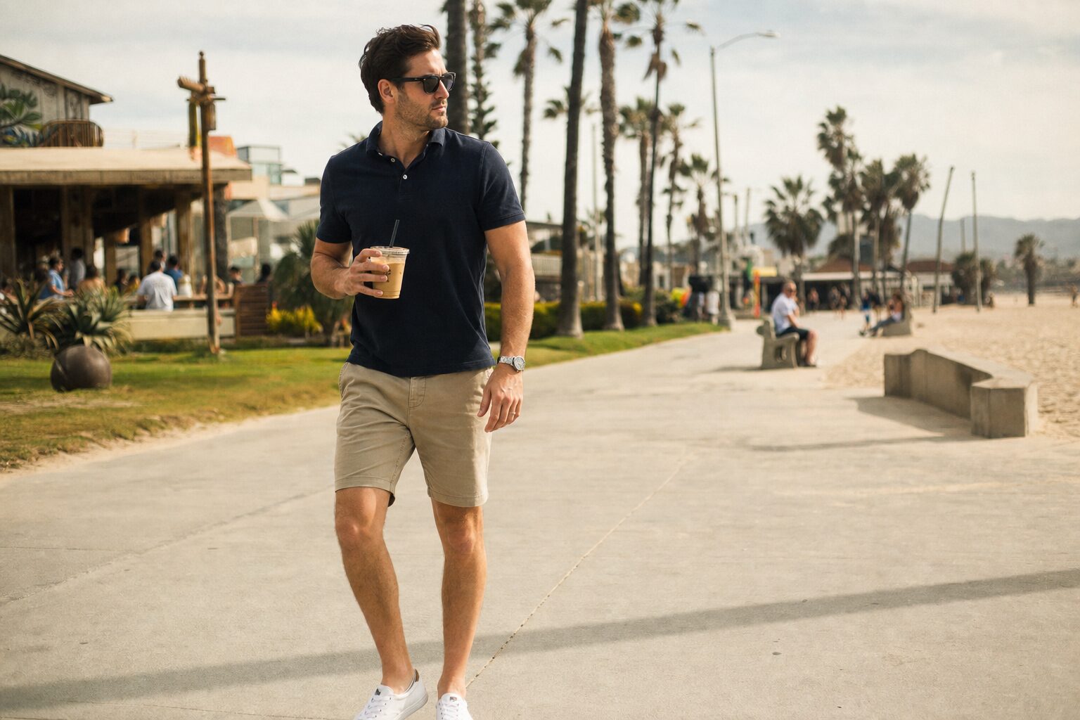 man walking bear beach with coffee in hand