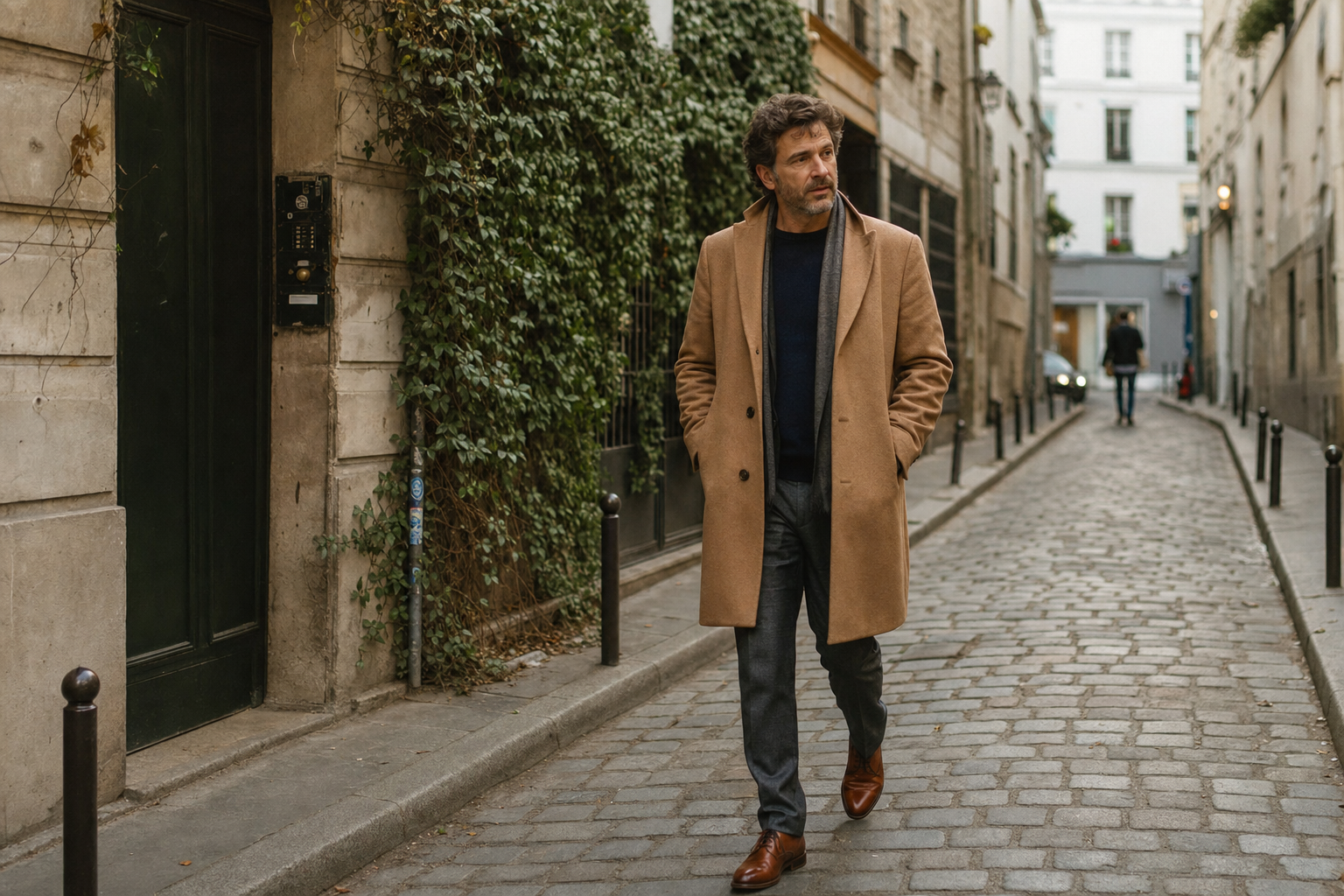 well-dressed man around 45 walking down a quiet European cobblestone street wearing a camel coat