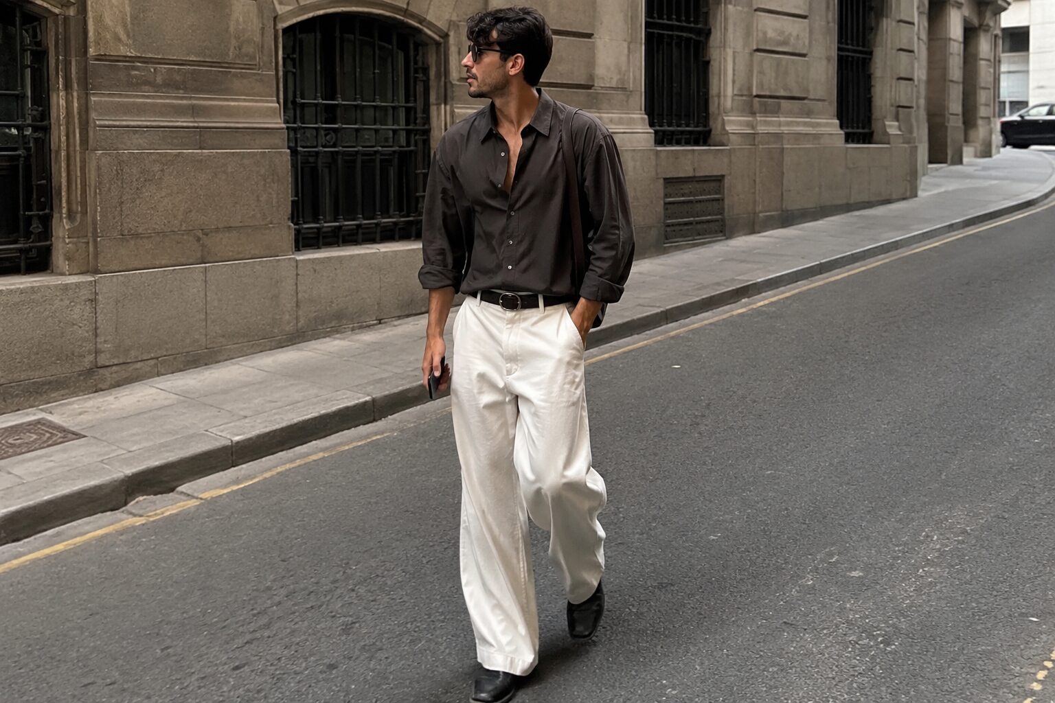Stylish man walking city street wearing white wide-leg trousers with dark casual shirt.